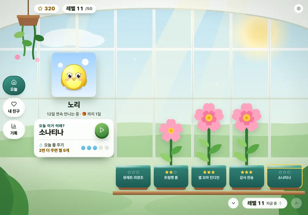 코치 정원 화면. 레벨 11 층에 곡마다 화분이 놓여 있고, 통과한 곡에는 꽃이 피어 있다. 오늘 연습할 곡으로 클레멘티 「소나티나」가 떠 있다.